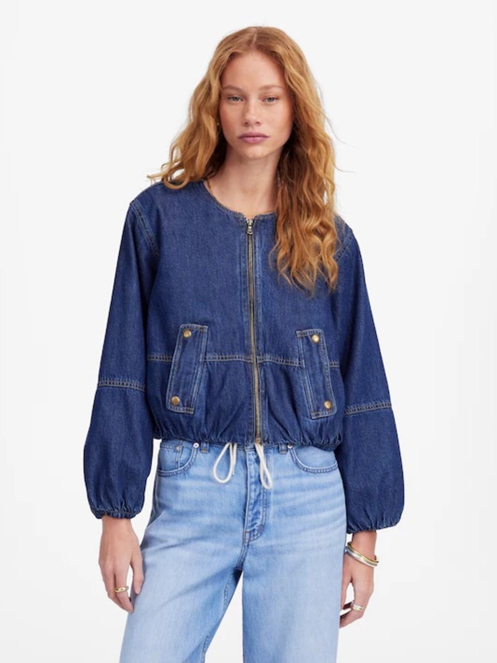 Bubble-Sleeve Jean Bomber Jacket in Newkirk Wash: Airy Denim Edition